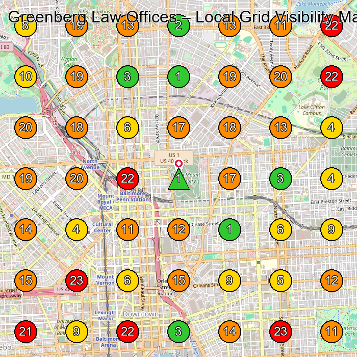 Greenberg Law Offices Personal Injury Attorney GeoGrid ranking map for Baltimore MD